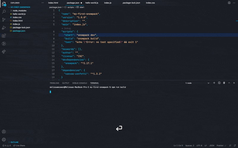 GIF terminal running Snowpack build, showing output, then clicking on the new `build` directory