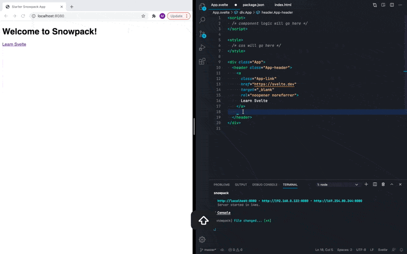 code and site side by side, site is a 'Learn Svelte' link on a white background. When the text is edit to add 'Hello world' and the file saves, the changes show up in the site immediately.